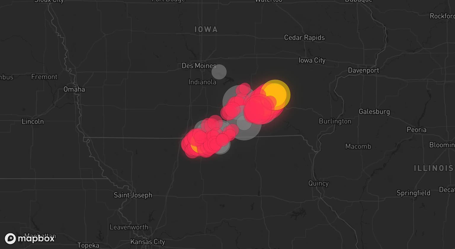 Storm map for 11 areas across Iowa and Missouri