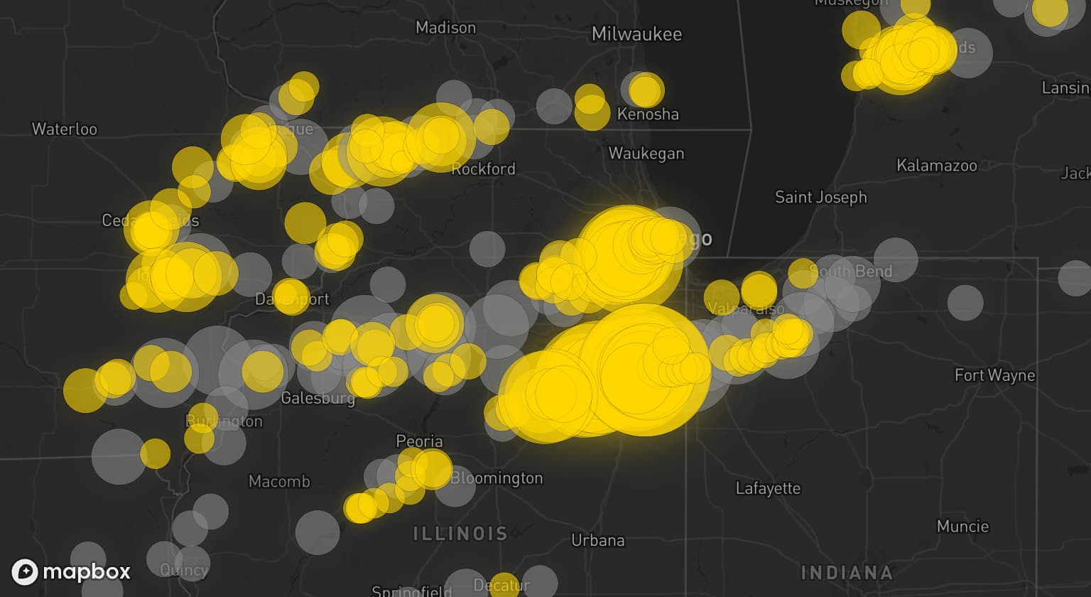 Storm map for 95 areas across Indiana, Illinois, Iowa, Missouri, Michigan, Wisconsin, and Ohio