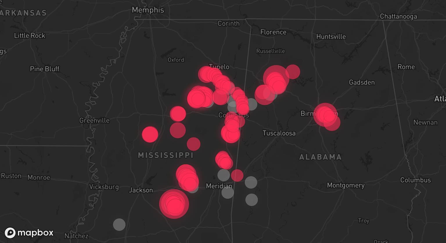Storm map for 17 areas across Alabama and Mississippi