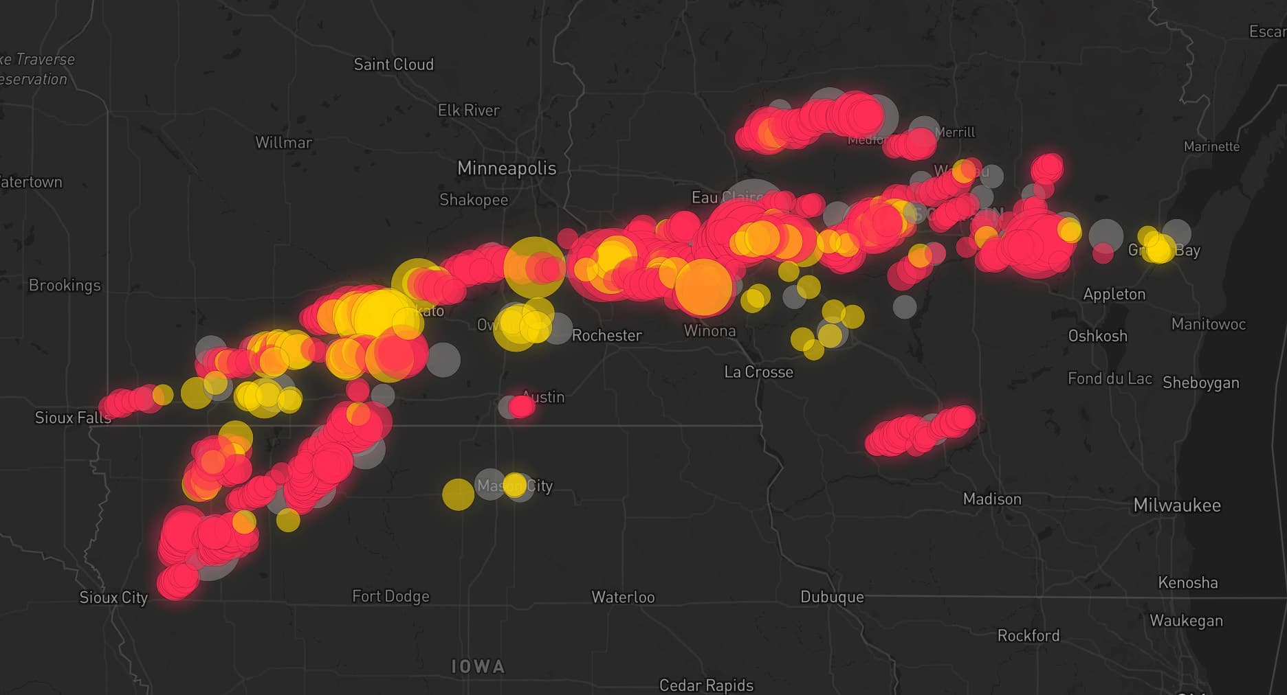 Storm map for 59 areas across Wisconsin, Iowa, and Minnesota
