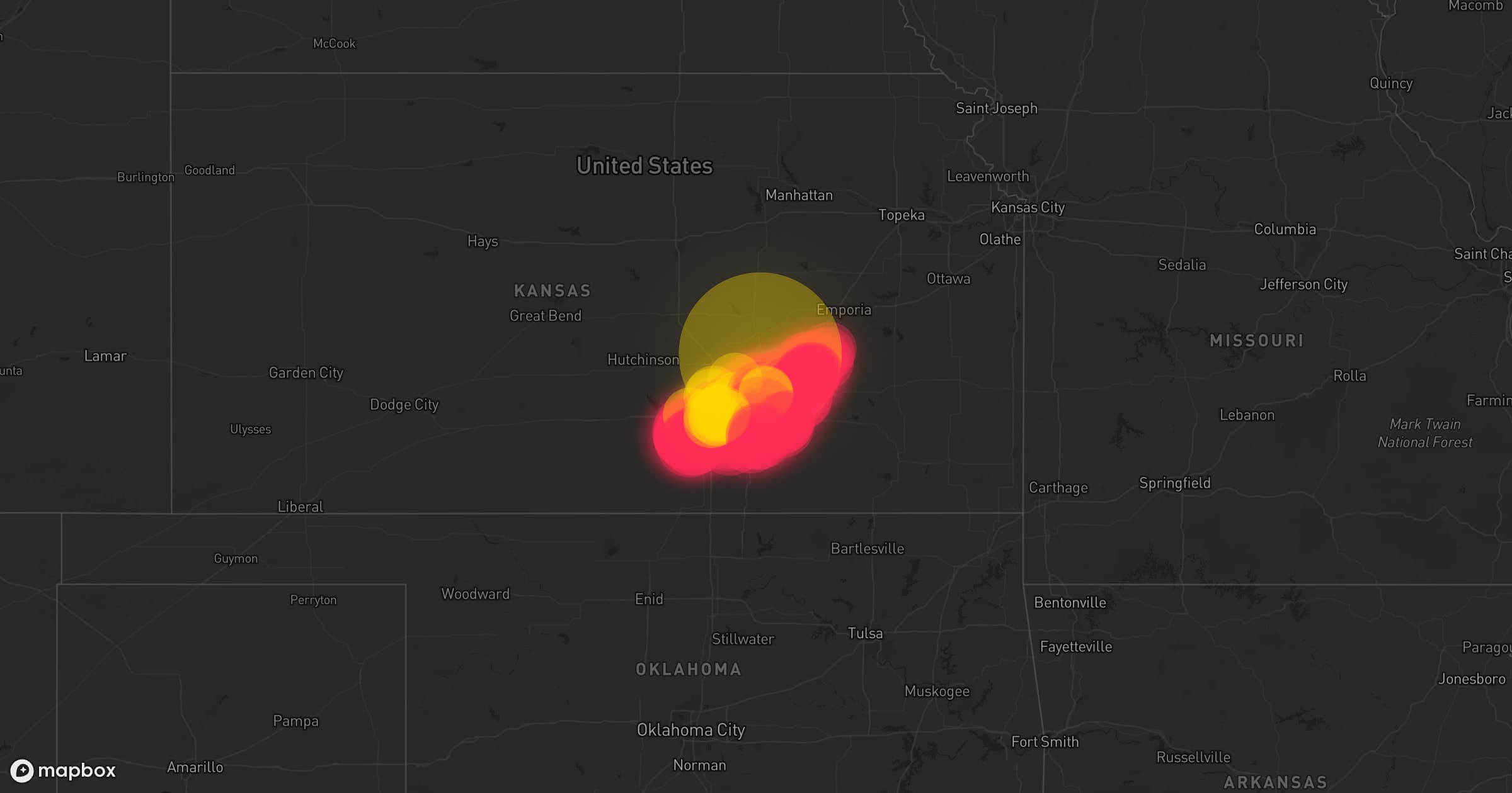 Storm map for 41 areas across Oklahoma, Texas, and Kansas
