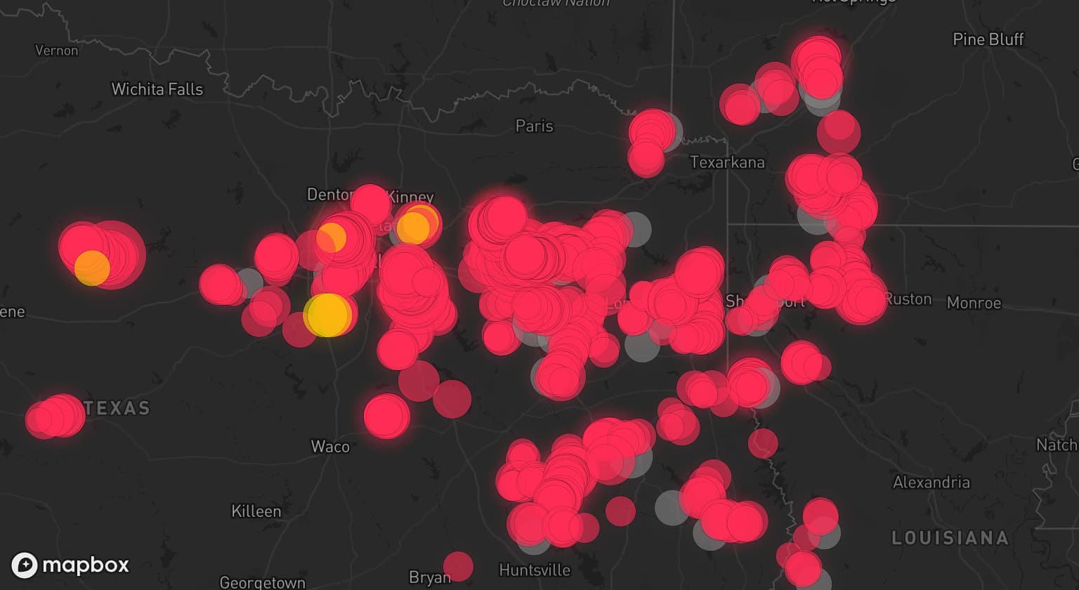 Storm map for 31 areas across Texas, Arkansas, and Louisiana