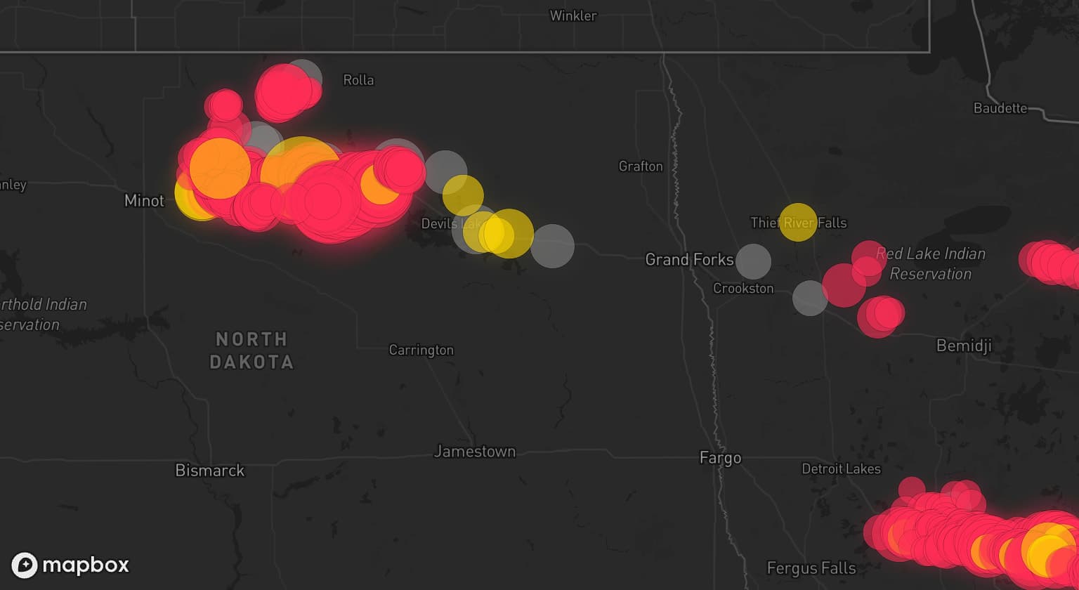 Storm map for 16 areas across North Dakota and Minnesota