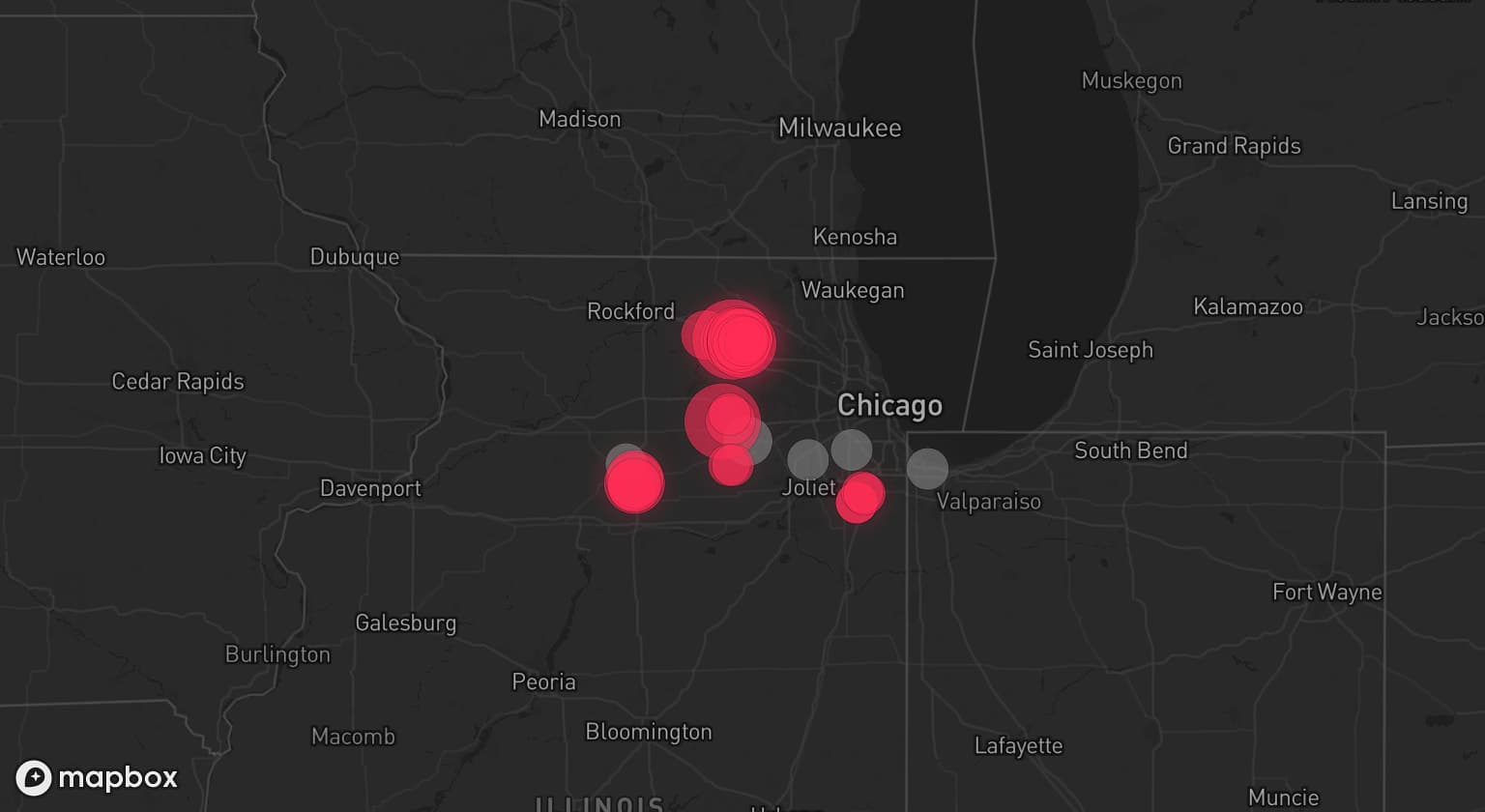 Storm map for 6 areas across Illinois and Indiana