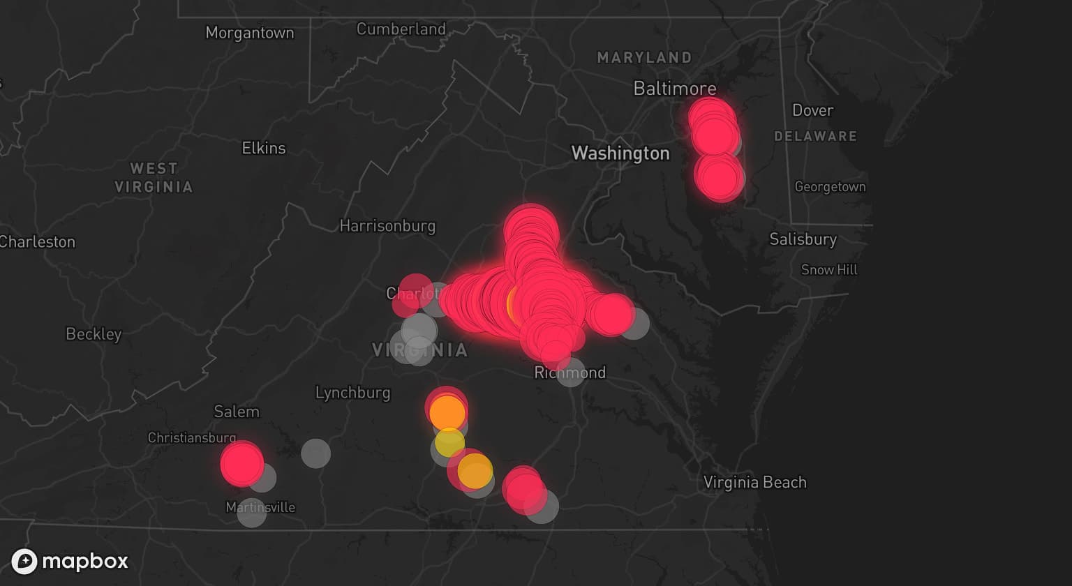 Storm map for 26 areas across Virginia and Maryland