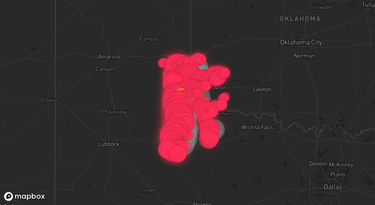 Storm map for 10 areas across Texas and Oklahoma