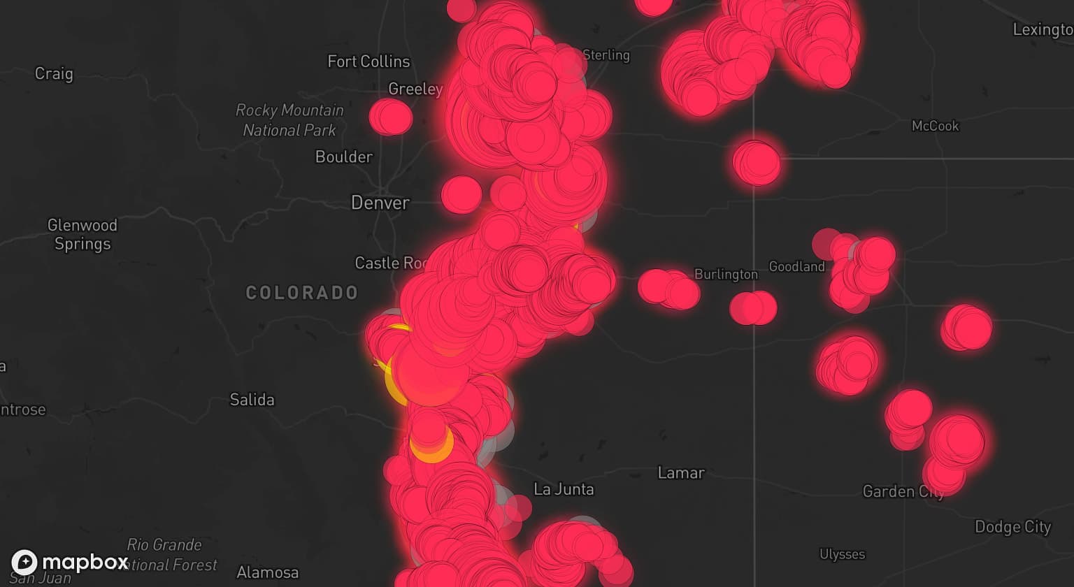 Storm map for 36 areas across Colorado, Nebraska, and Kansas