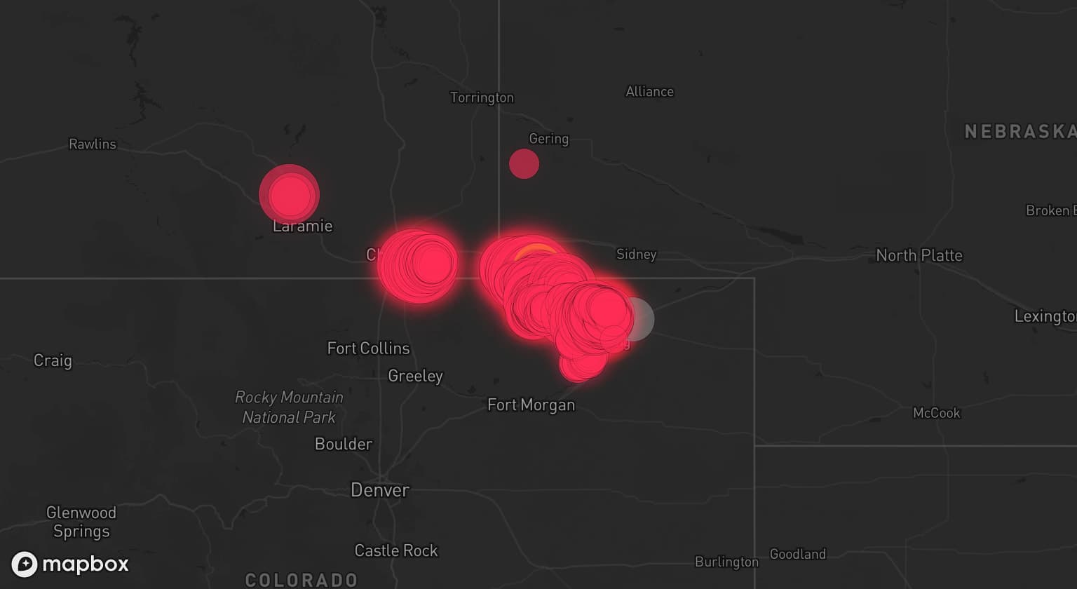Storm map for 6 areas across Nebraska, Colorado, and Wyoming