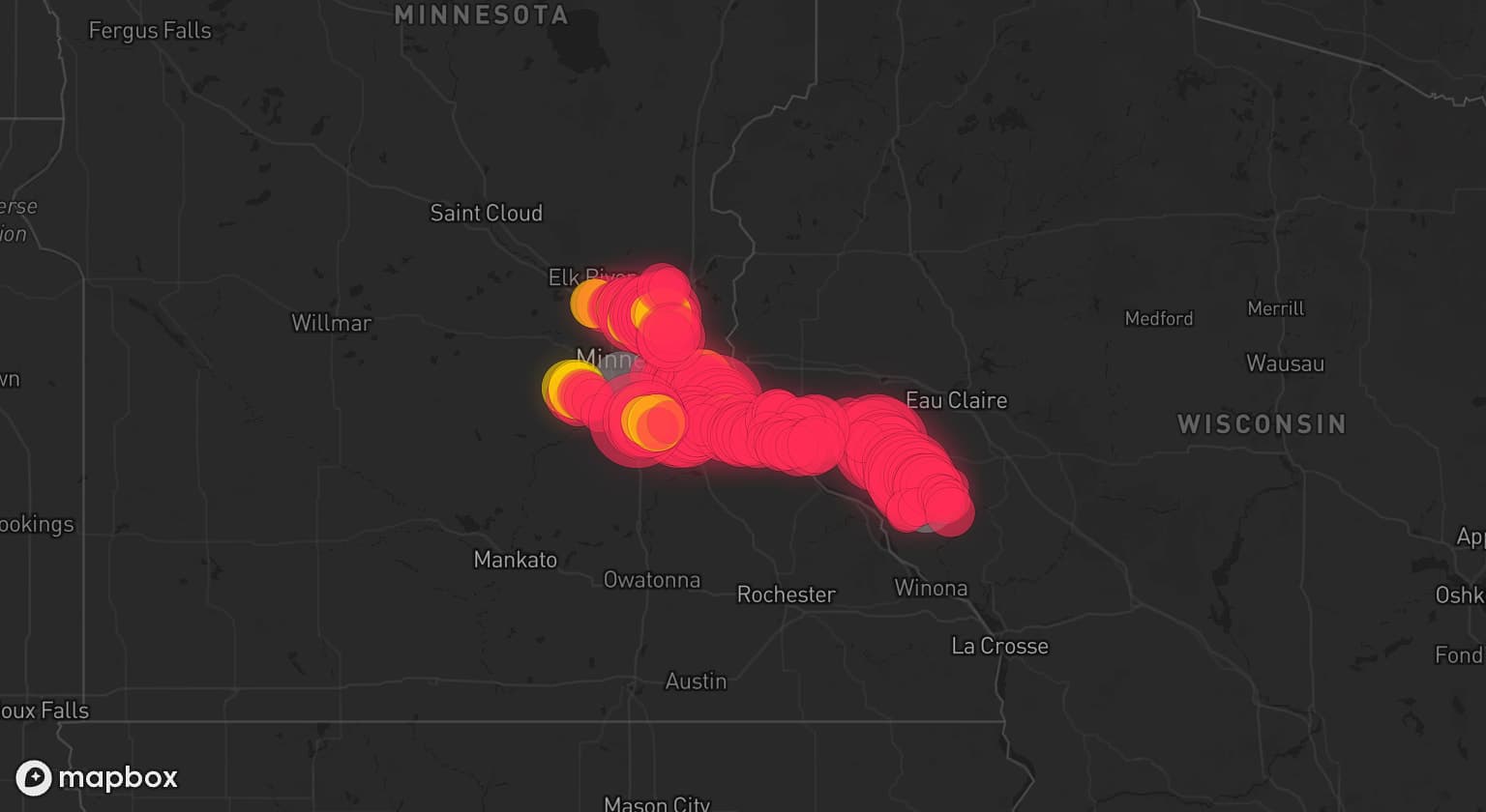Storm map for 8 areas across Wisconsin and Minnesota