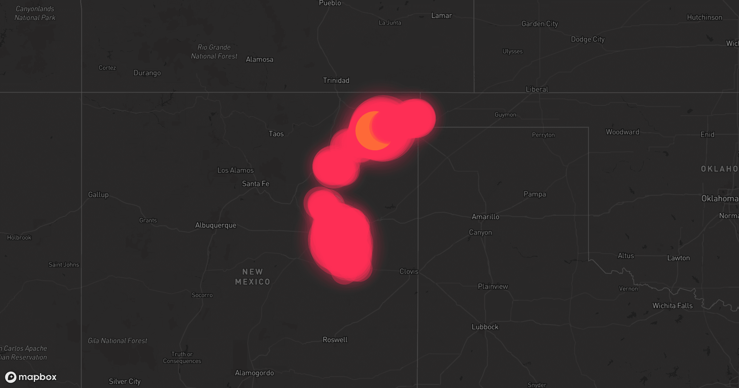 Storm map for 10 areas across New Mexico, Oklahoma, and Texas