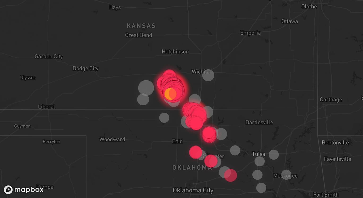 Storm map for 21 areas across Kansas and Oklahoma
