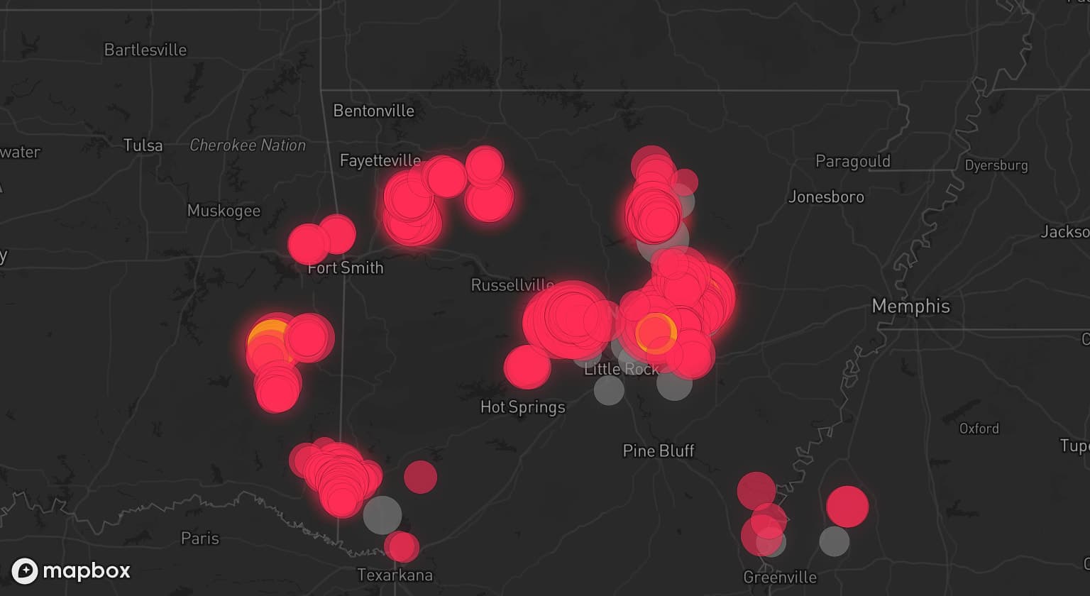 Storm map for 22 areas across Arkansas, Oklahoma, and Mississippi