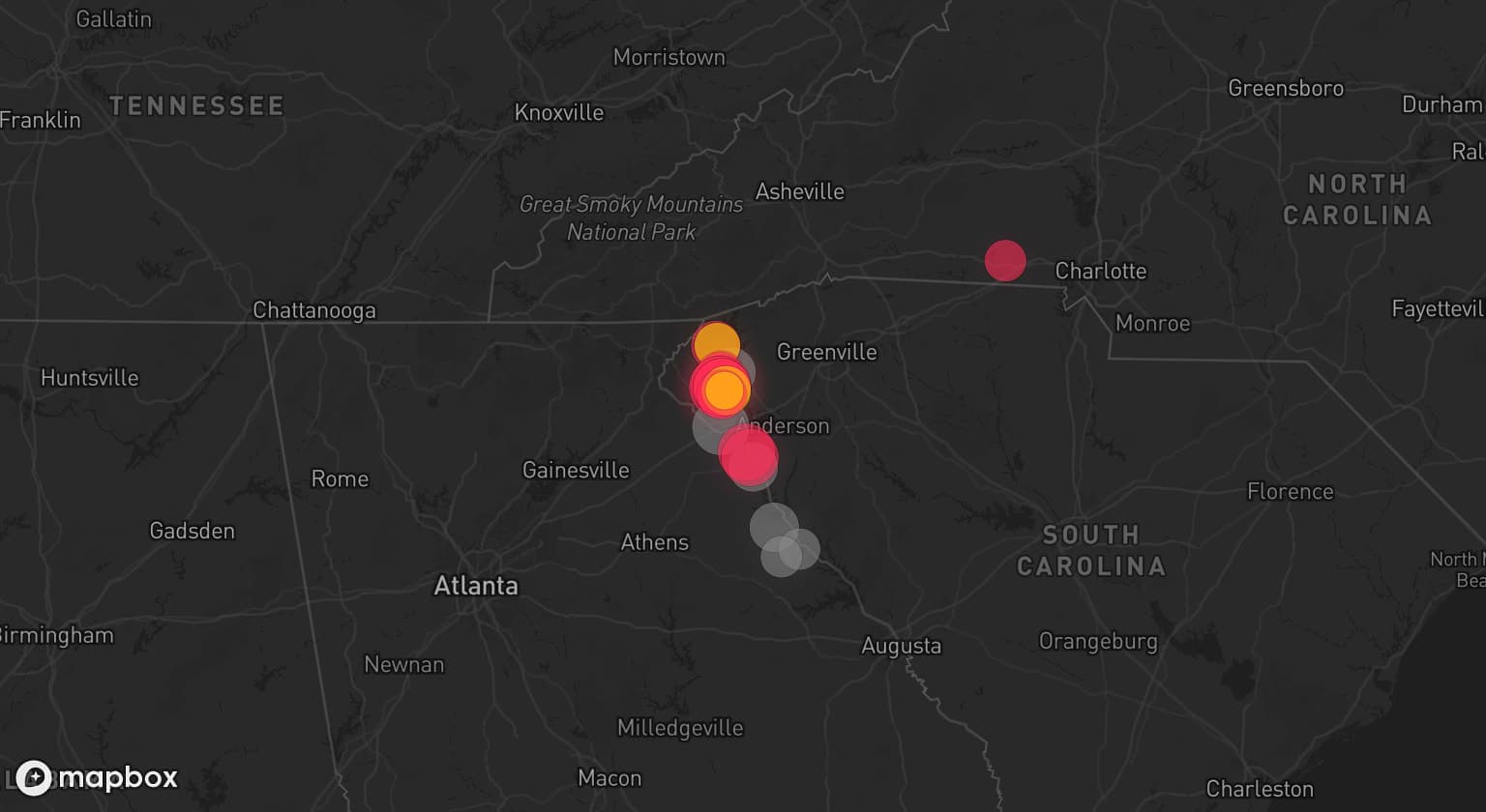 Storm map for 5 areas across South Carolina and Georgia