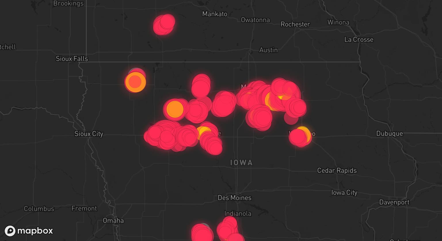 Storm map for 20 areas across Iowa and Minnesota