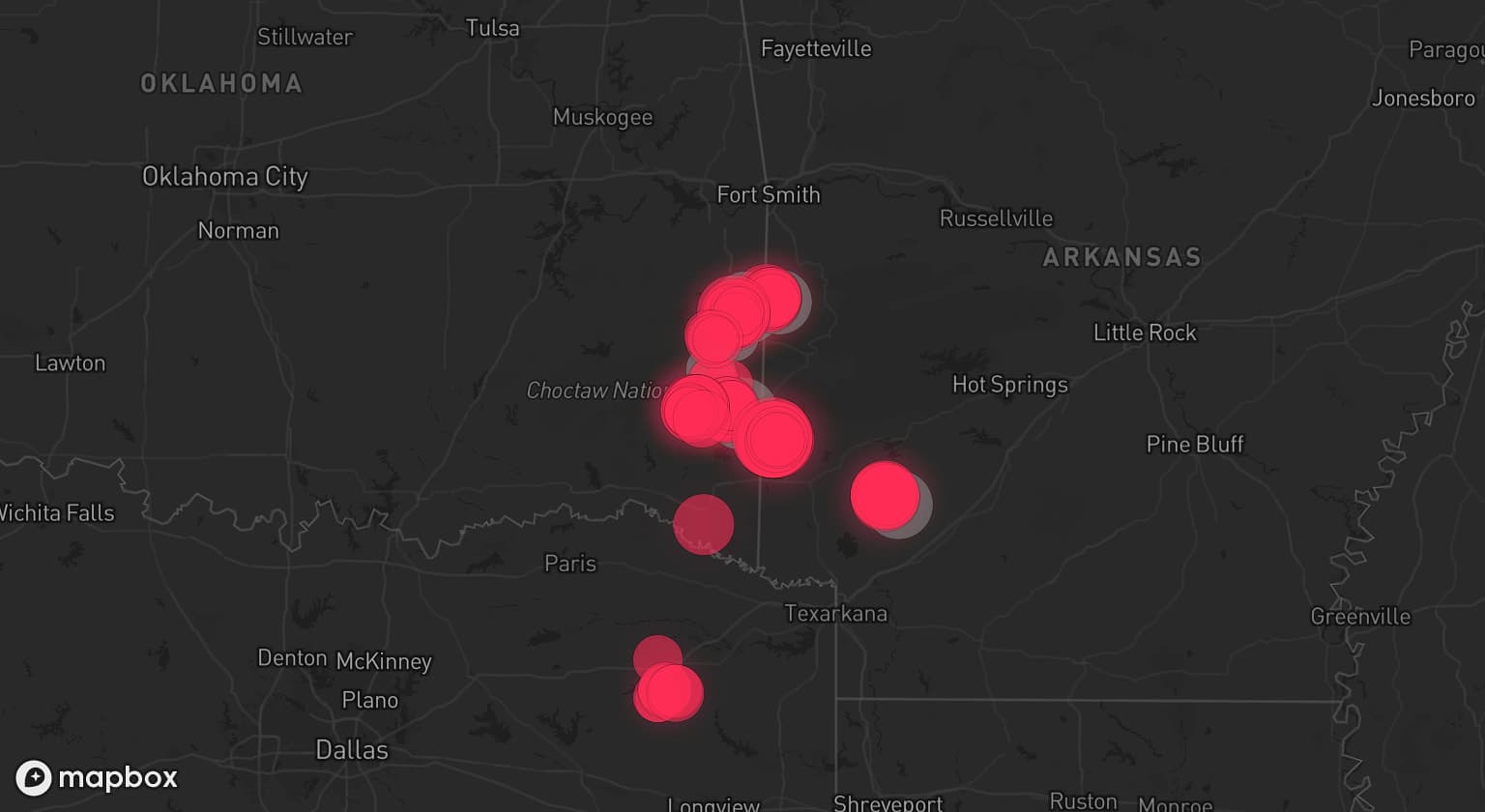 Storm map for 7 areas across Oklahoma and Arkansas