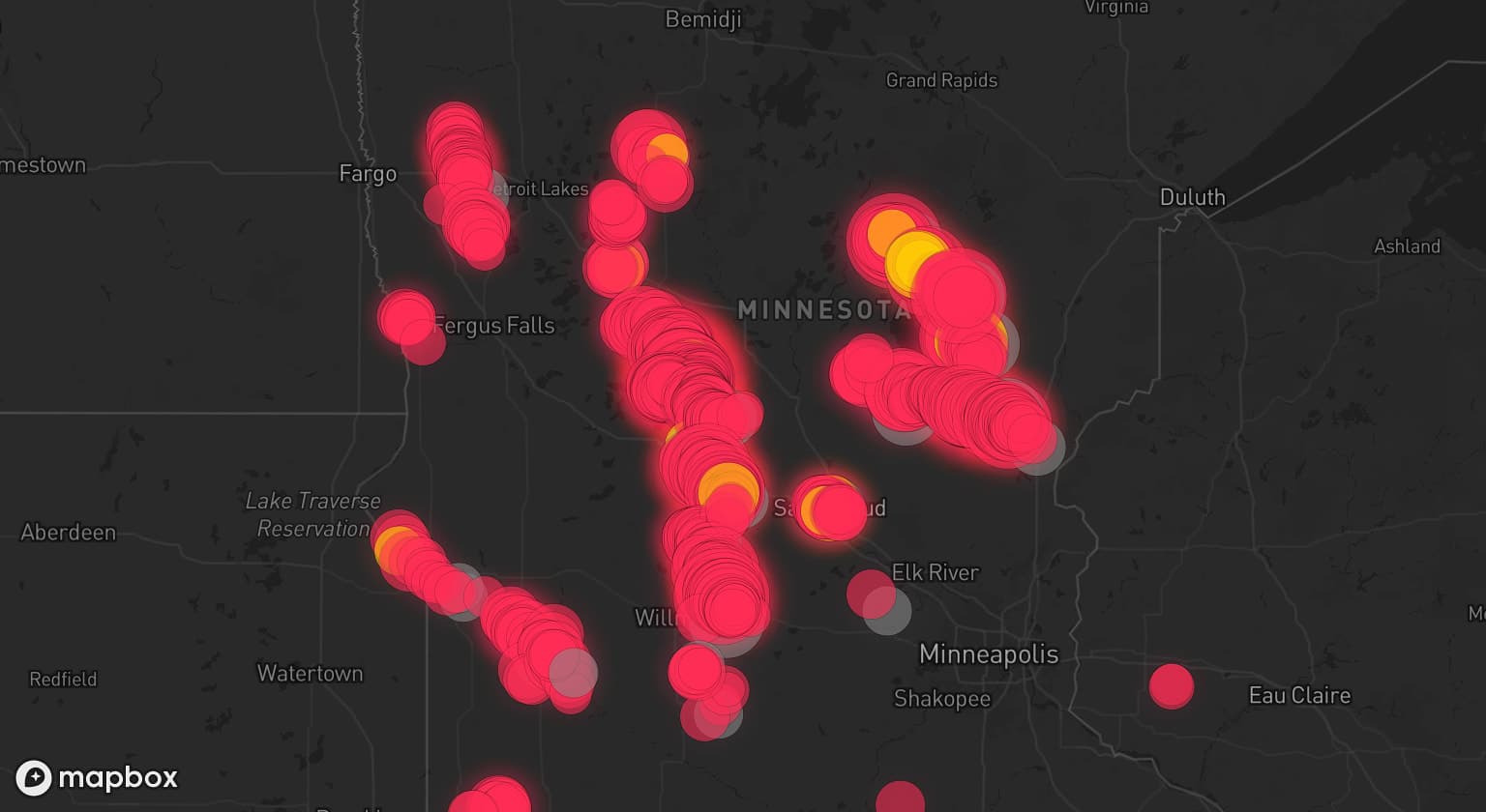 Storm map for 23 areas across Minnesota