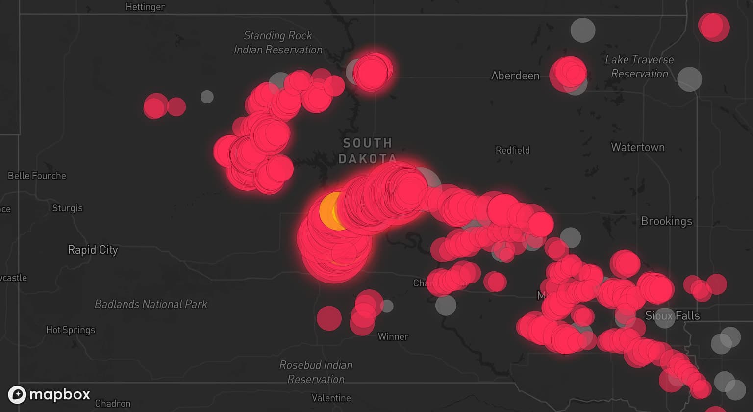 Storm map for 26 areas across South Dakota, Minnesota, and Iowa