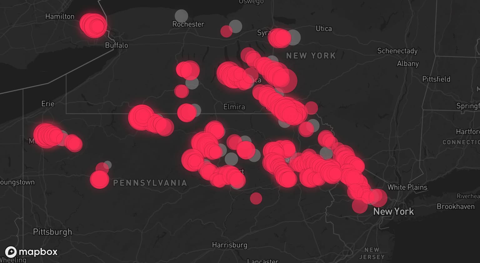 Storm map for 28 areas across New York, Pennsylvania, and New Jersey
