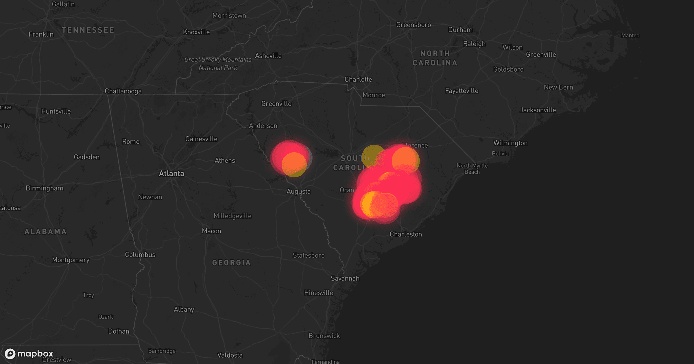 Storm map for 16 areas across South Carolina, North Carolina, and Georgia