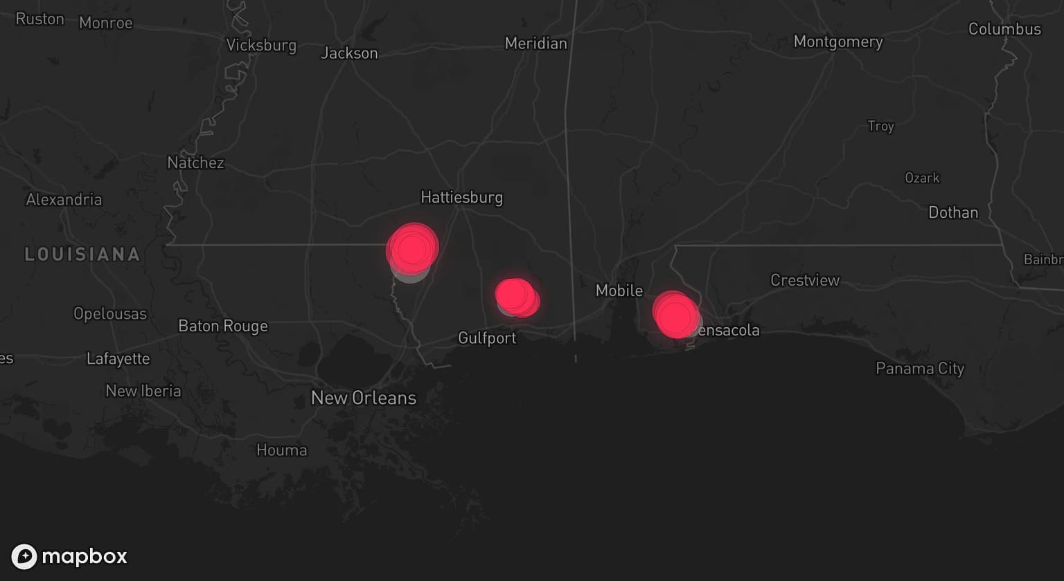 Storm map for 3 areas across Mississippi and Alabama