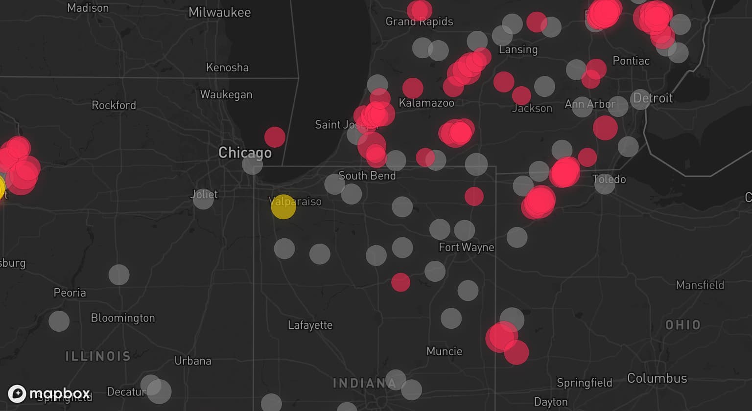 Storm map for 63 areas across Iowa, Kentucky, Ohio, Illinois, Michigan, and Indiana