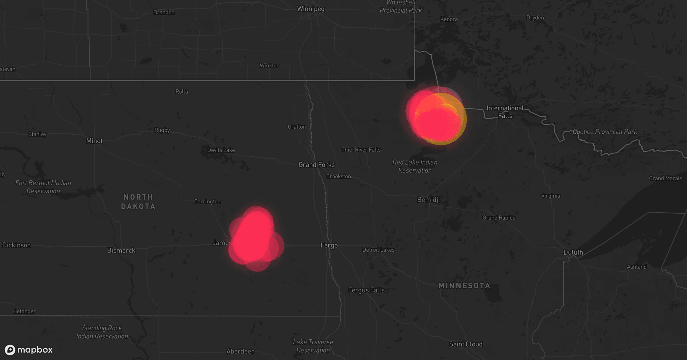 Storm map for 10 areas across Minnesota, CA-ON, and North Dakota