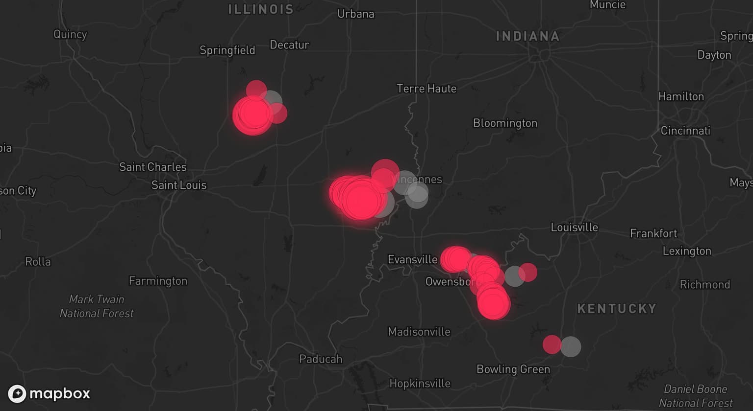 Storm map for 10 areas across Illinois, Indiana, and Kentucky