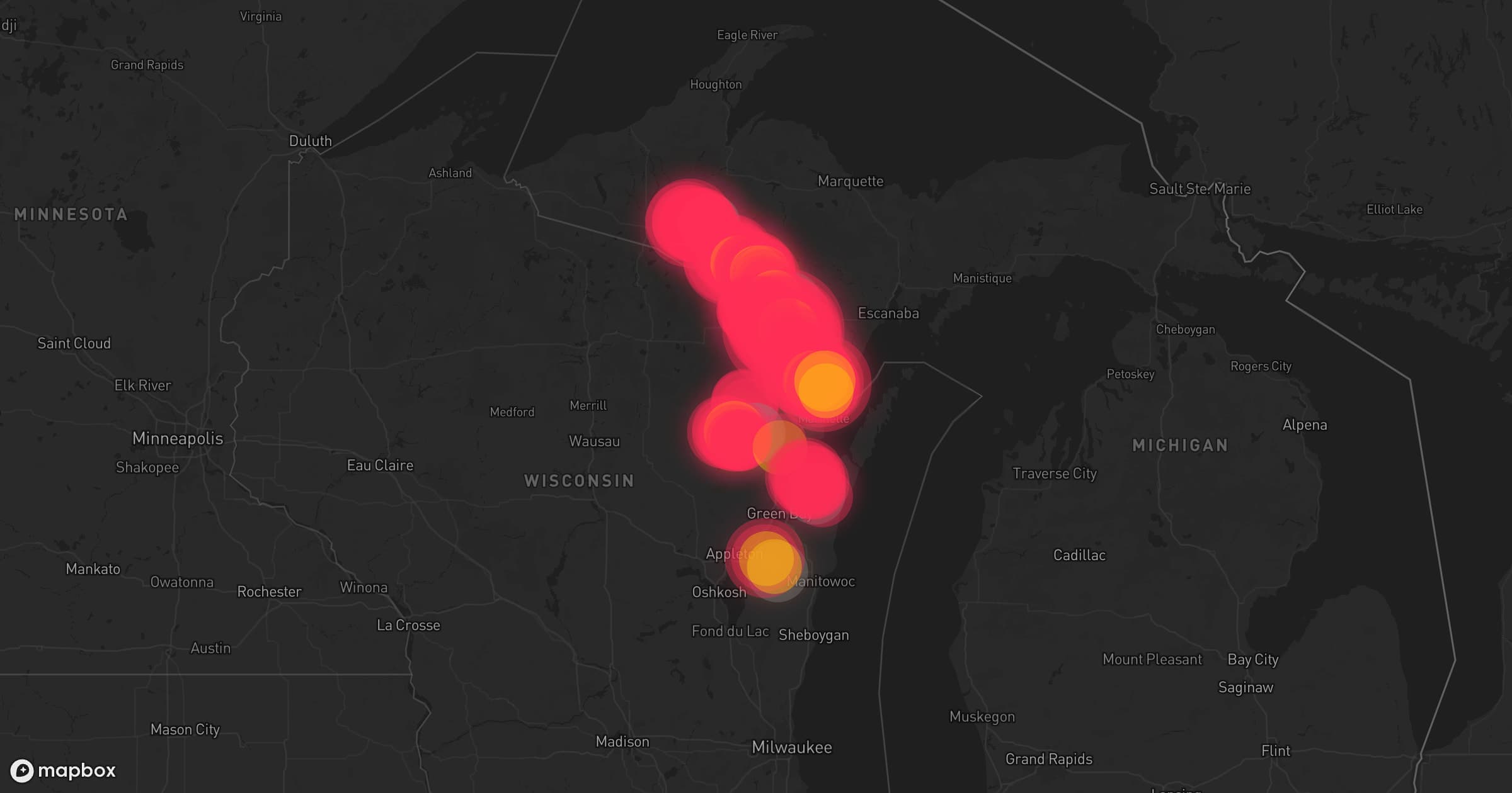 Storm map for 12 areas across Wisconsin and Michigan