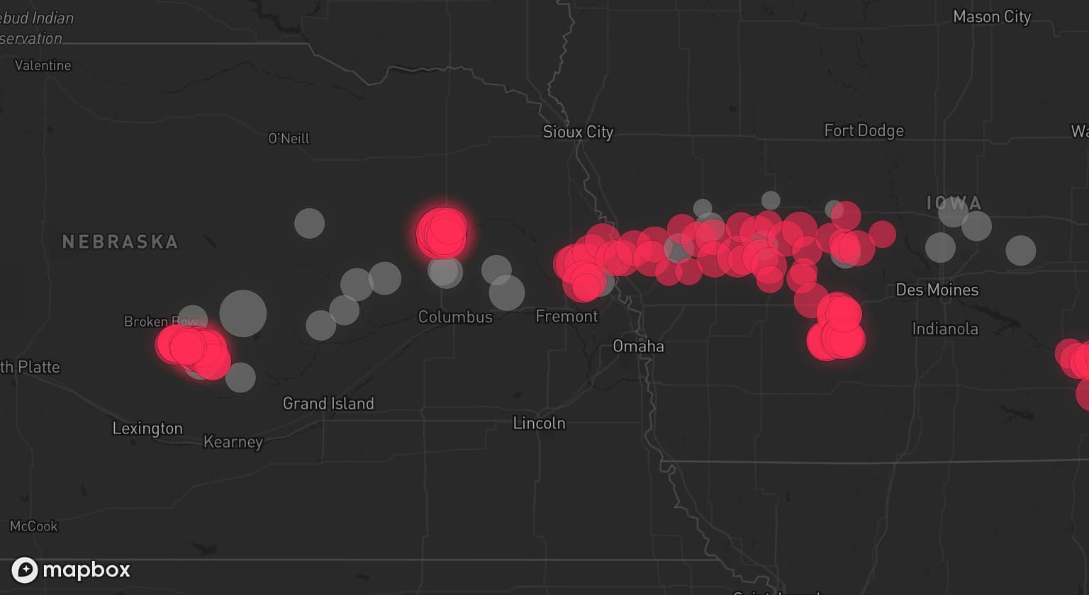 Storm map for 27 areas across Nebraska and Iowa