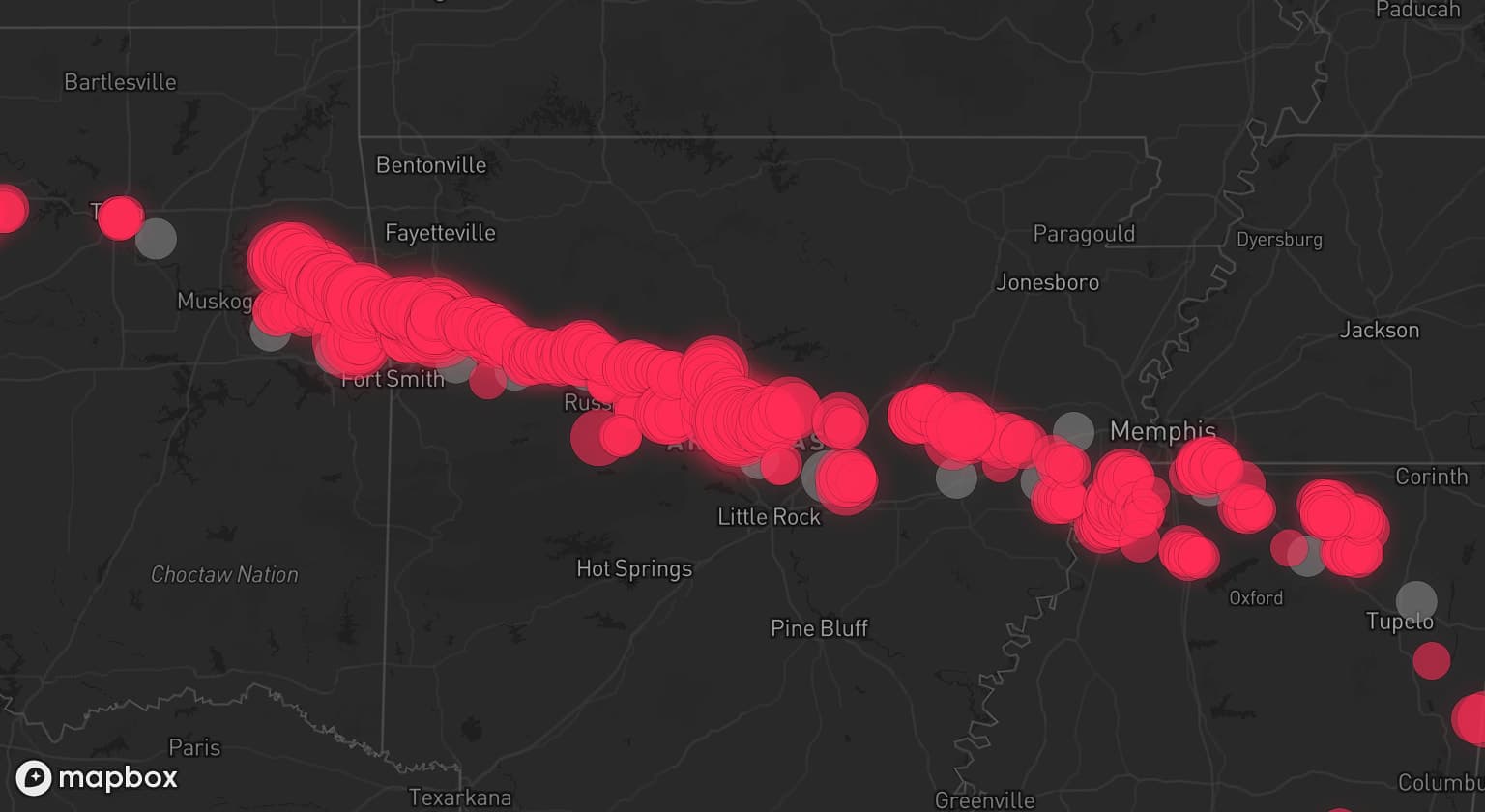 Storm map for 25 areas across Arkansas, Oklahoma, Mississippi, and Alabama