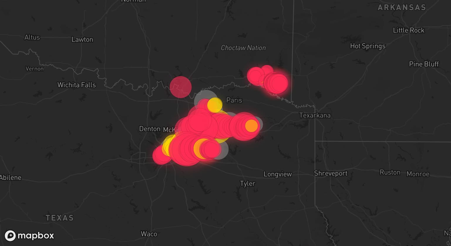 Storm map for 12 areas across Texas and Oklahoma