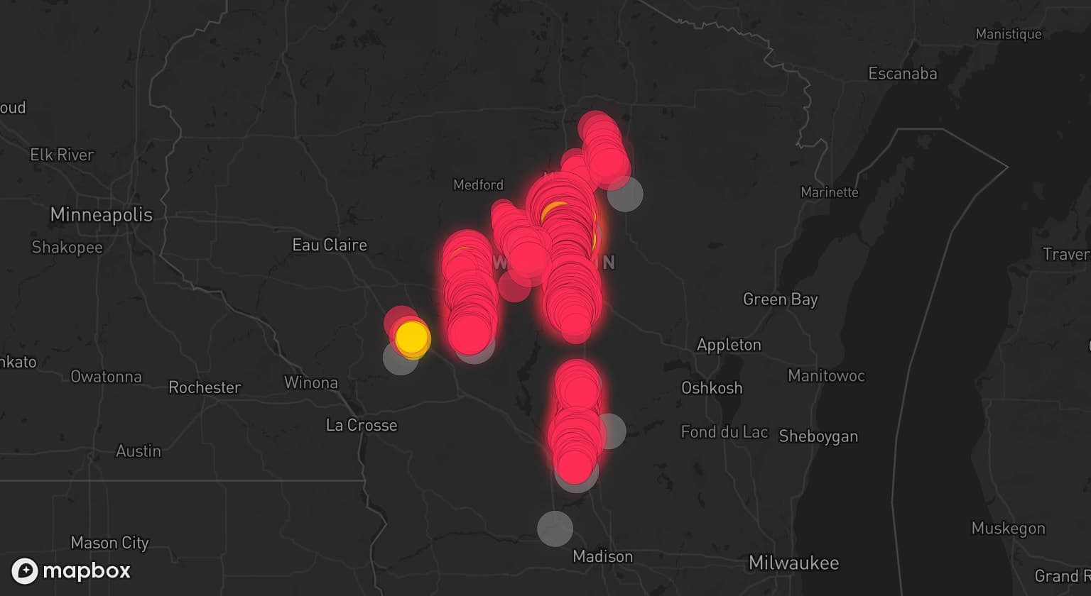 Storm map for 13 areas across Wisconsin
