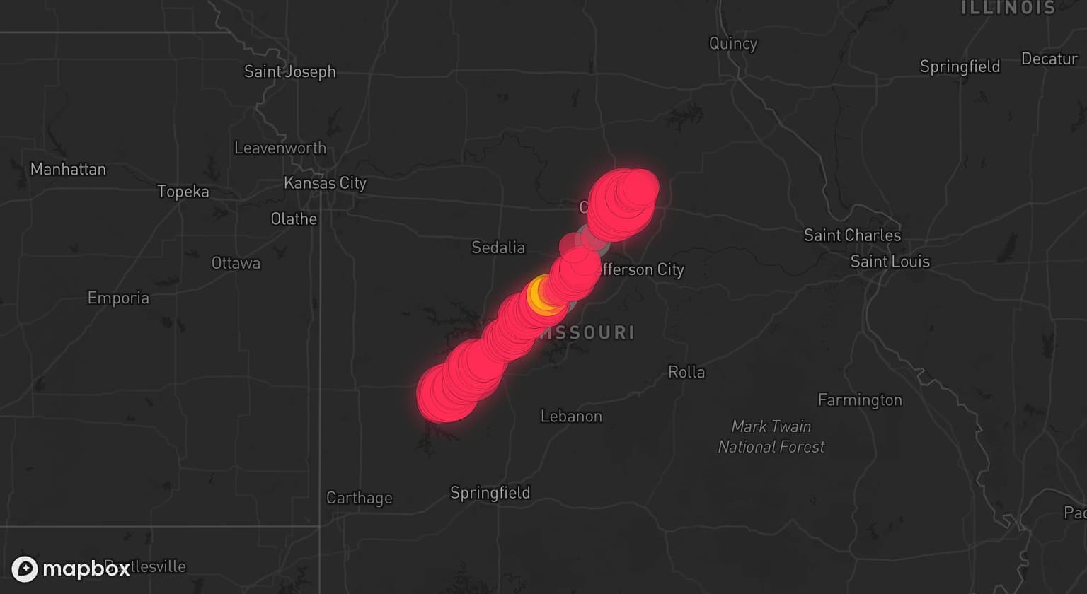 Storm map for 7 areas across Missouri