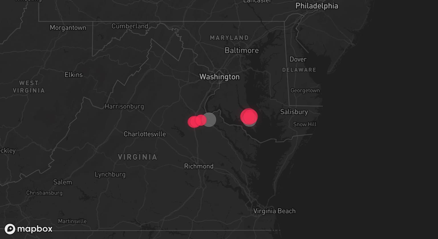 Storm map for 2 areas across Maryland and Virginia