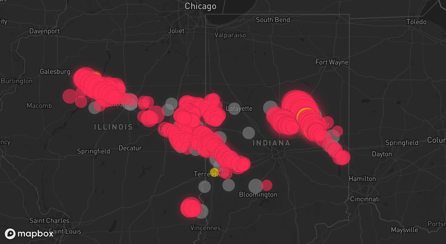 Storm map for 29 areas across Indiana and Illinois