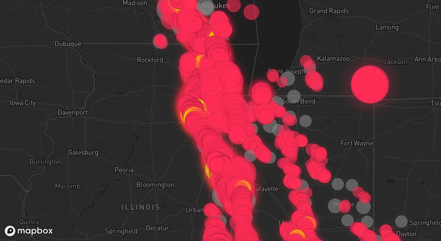 Storm map for 102 areas across Illinois, Wisconsin, Indiana, Michigan, Ohio, and Kentucky