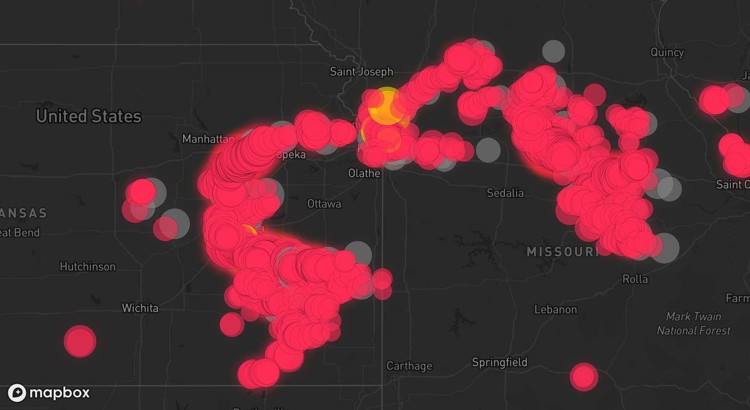 Storm map for 53 areas across Kansas, Missouri, and Illinois