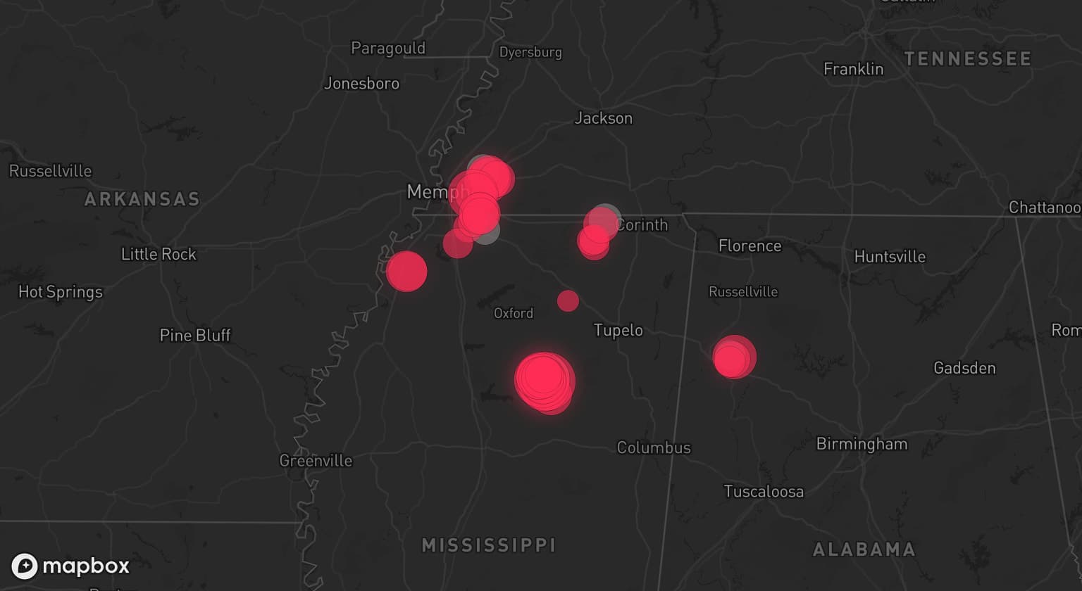 Storm map for 5 areas across Mississippi, Tennessee, and Alabama