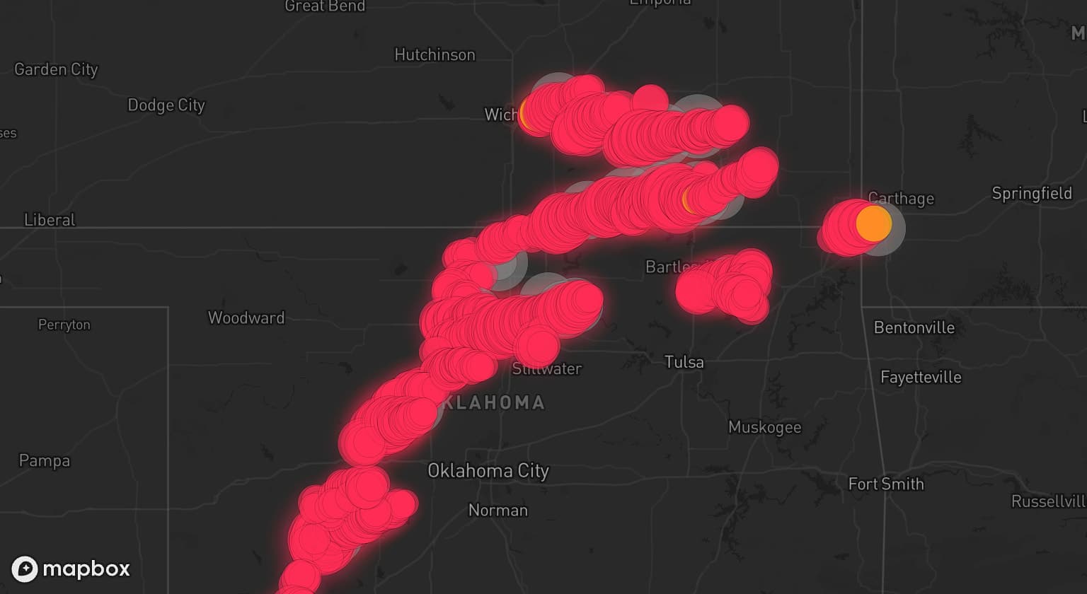 Storm map for 18 areas across Kansas, Oklahoma, and Missouri