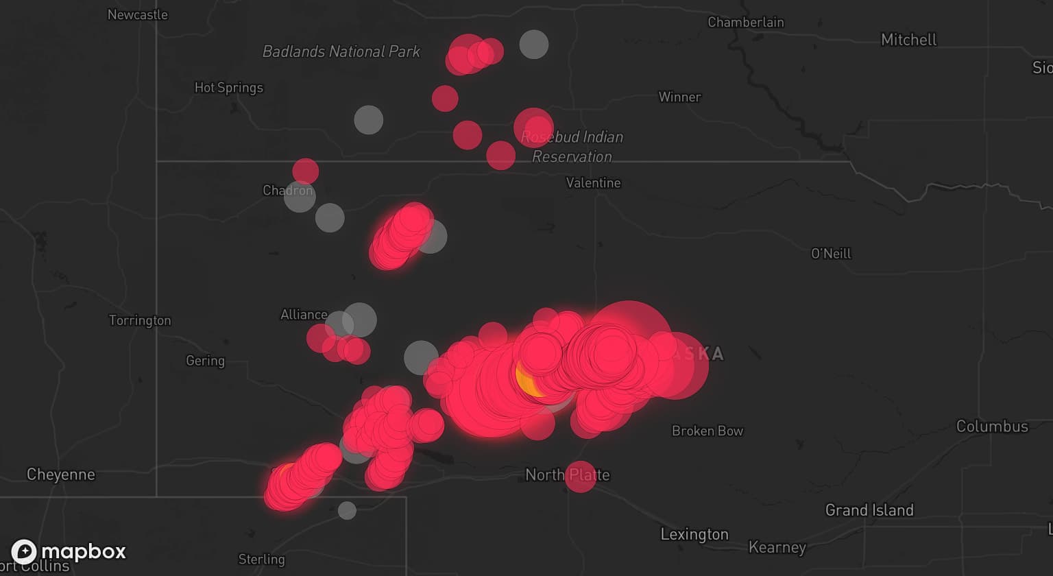 Storm map for 17 areas across Nebraska, South Dakota, and Colorado