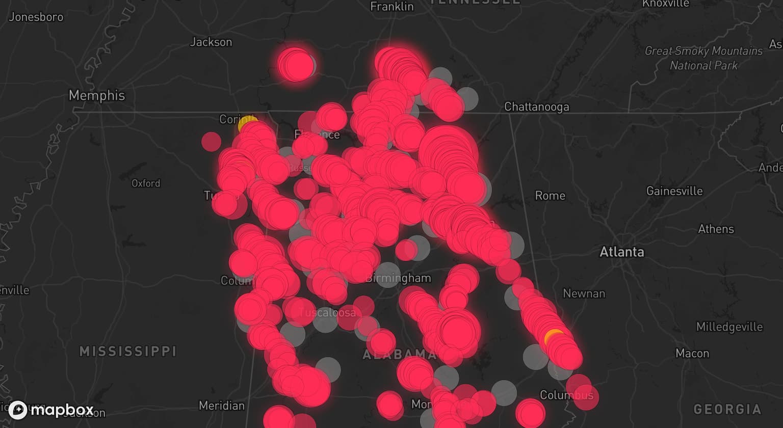 Storm map for 41 areas across Alabama, Tennessee, Mississippi, and Georgia