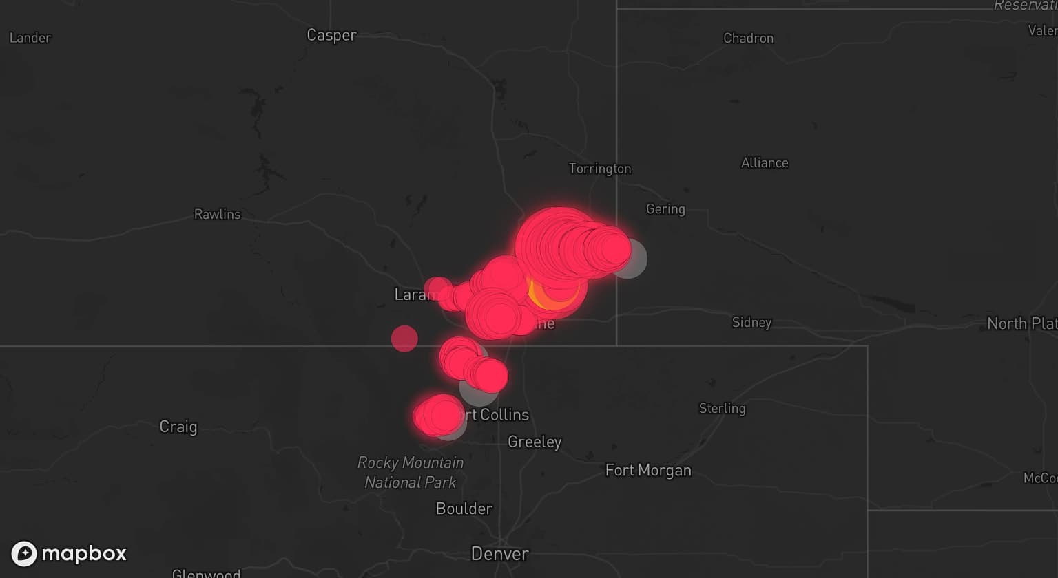 Storm map for 6 areas across Wyoming, Nebraska, and Colorado