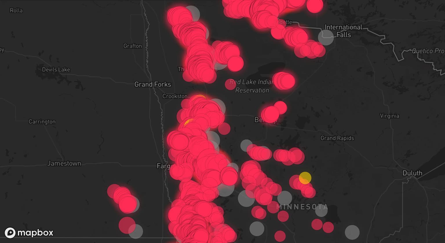 Storm map for 33 areas across Minnesota, South Dakota, and North Dakota