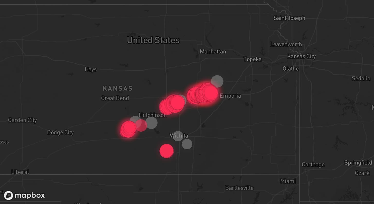 Storm map for 7 areas across Kansas