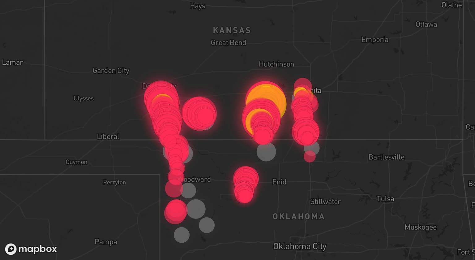 Storm map for 16 areas across Kansas and Oklahoma