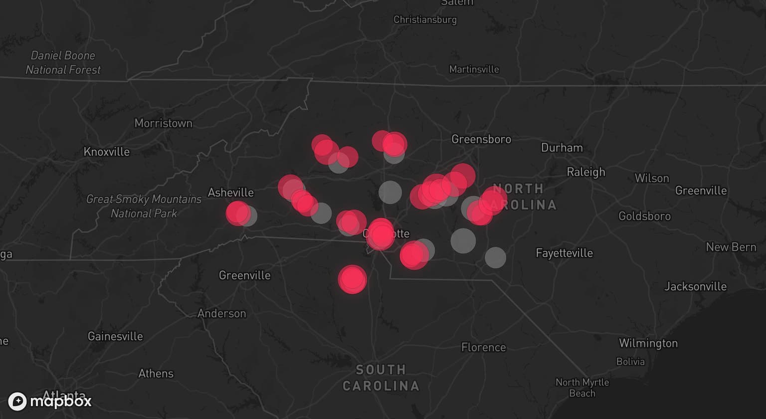 Storm map for 15 areas across North Carolina and South Carolina