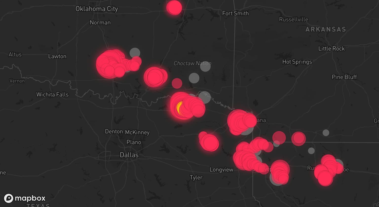 Storm map for 16 areas across Texas, Louisiana, Oklahoma, and Arkansas