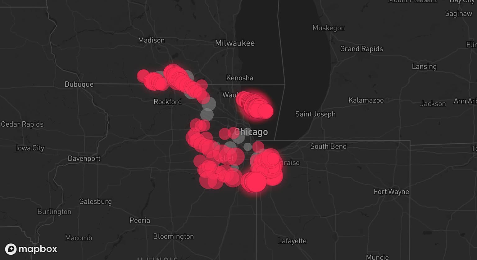 Storm map for 13 areas across Indiana, Wisconsin, and Illinois