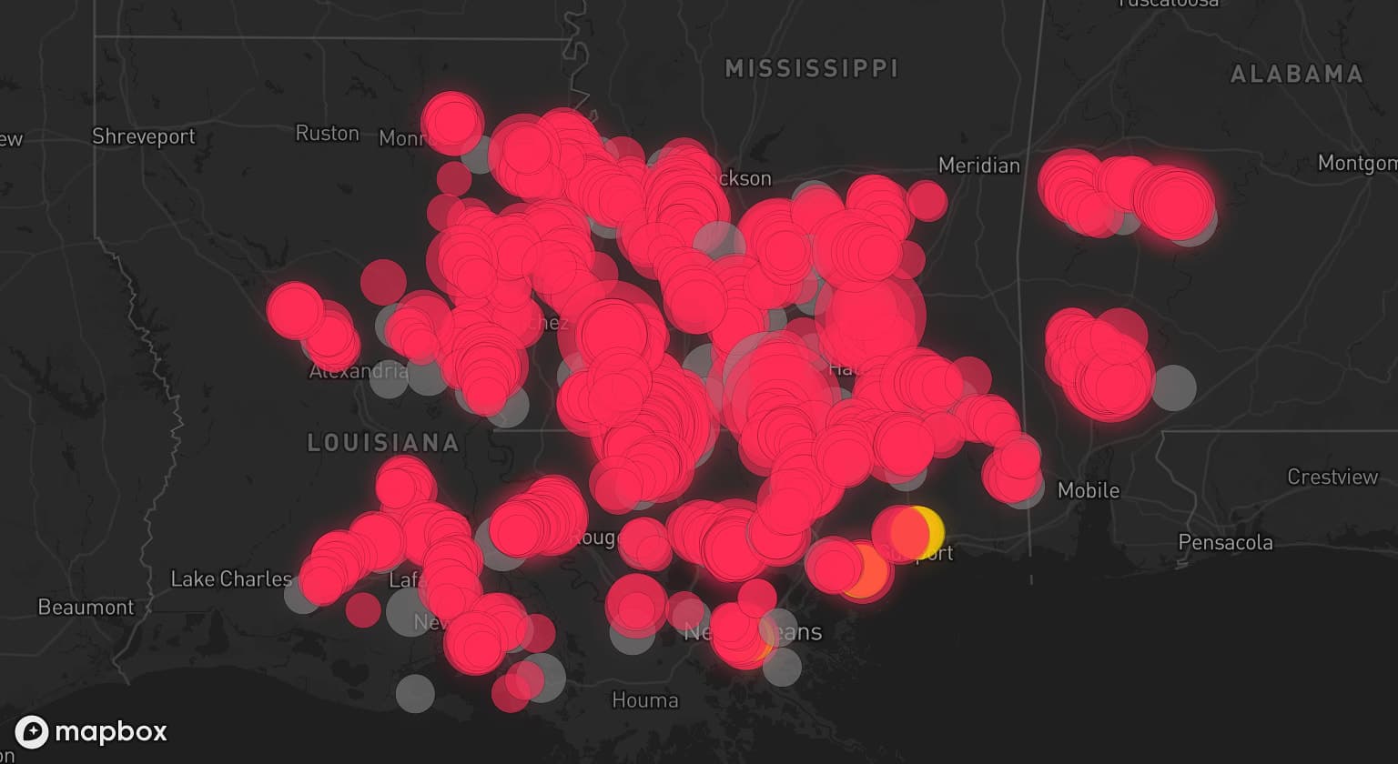 Storm map for 73 areas across Mississippi, Louisiana, and Alabama