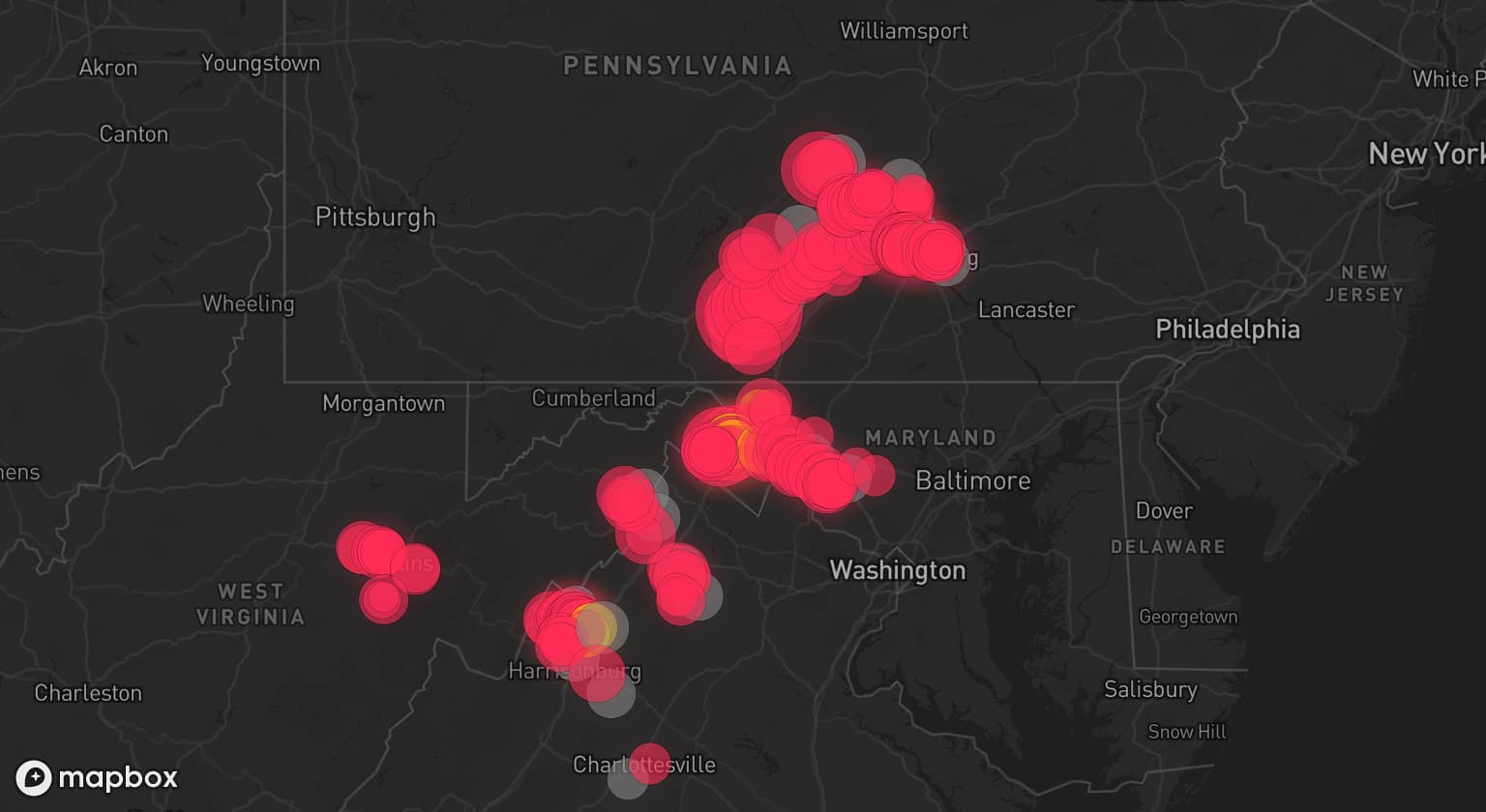 Storm map for 20 areas across West Virginia, Pennsylvania, Virginia, and Maryland